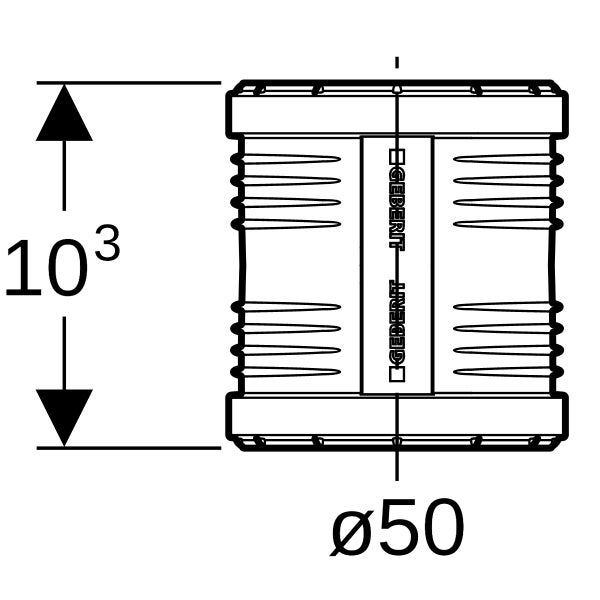Technische Zeichnung einer Geberit Rohrkupplung mit einer Höhe von 103 Millimetern und einem Durchmesser von 50 Millimetern. Geberit Logo.