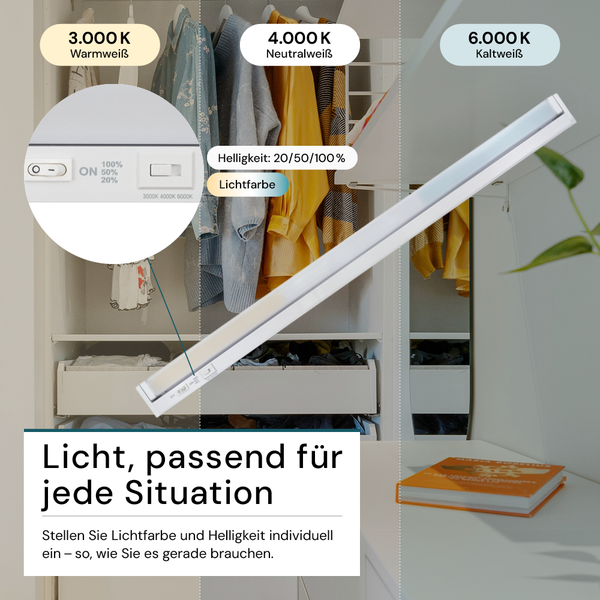 LED-Schrankleuchte mit einstellbarer Lichtfarbe von 3000 bis 6000 Kelvin und Helligkeitsstufen von 20, 50 und 100 Prozent.