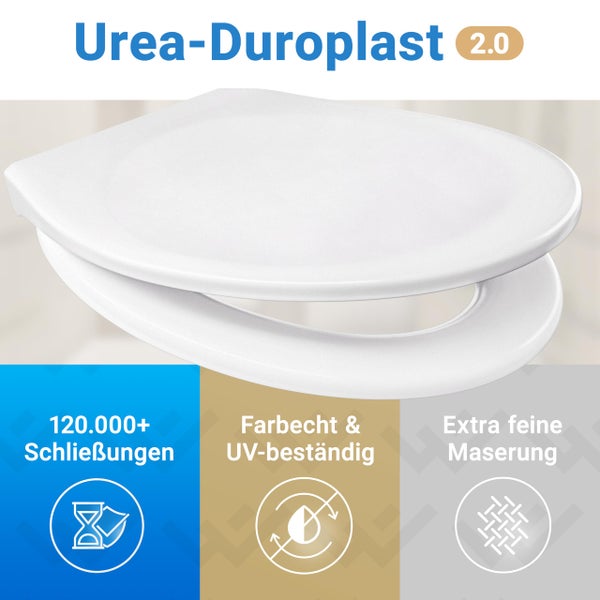 Weißer Toilettensitz aus Urea-Duroplast 2.0 mit Details zu über 120.000 Schließungen, Ultraviolett-Beständigkeit und extra feiner Maserung.
