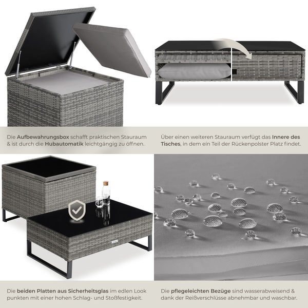 Graue Gartenmöbel aus Poly-Rattan mit Aufbewahrungsbox mit Hubautomatik, Loungetisch mit Sicherheitsglas und wasserabweisenden Kissen.