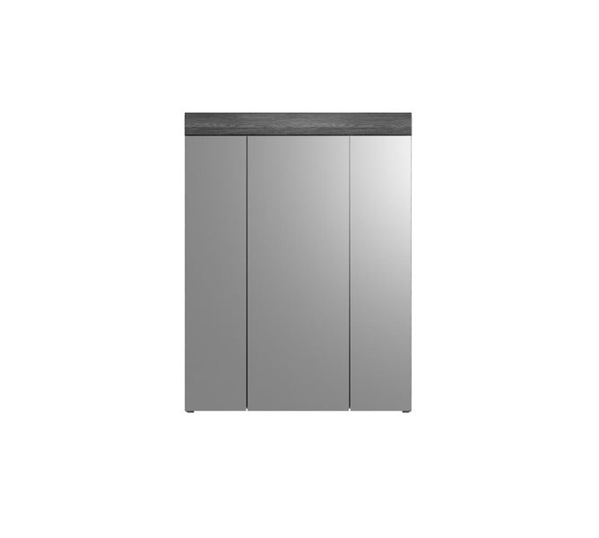 Dreitüriger Spiegelschrank für das Badezimmer mit einer Abdeckung in Holzoptik.