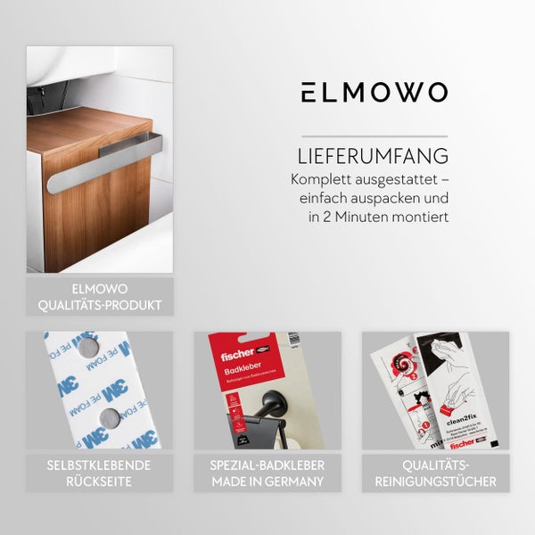 Lieferumfang von ElmoWo Badzubehör mit Fischer Badkleber, Klebepads und Reinigungstüchern für eine einfache Montage an Badmöbeln.