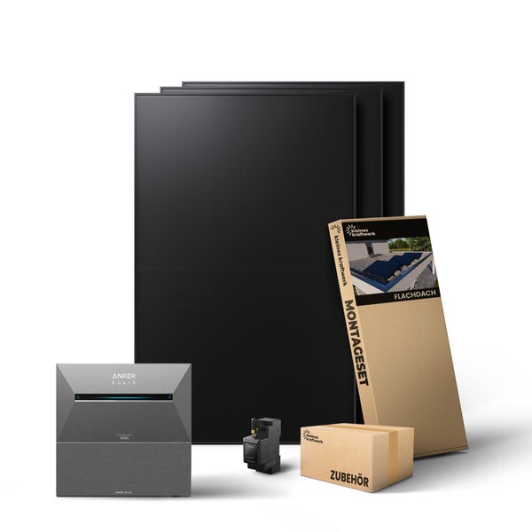 Balkonkraftwerk Set von Kleines Kraftwerk mit vier Solarmodulen, Anker SOLIX Speicher, Smart Meter, Montageset für Flachdach und Zubehör.