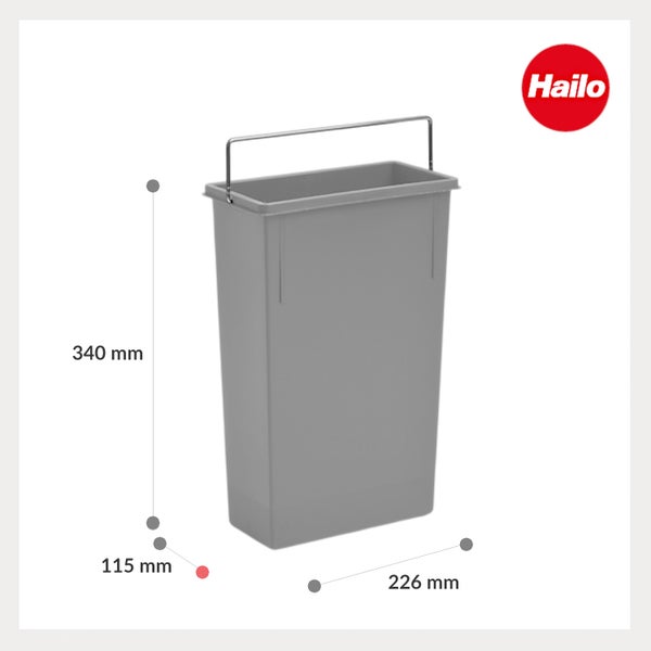 Grauer Hailo Mülleimer-Einsatz mit Metallbügel, 340 Millimeter hoch, 226 Millimeter breit und 115 Millimeter tief. Hailo Logo.