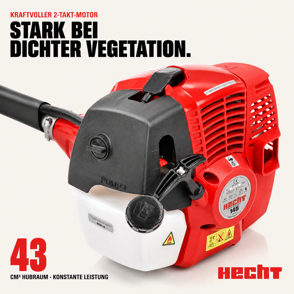 Benzin-Motorsense Hecht 145 mit Zwei-Takt-Motor und 43 Kubikzentimeter Hubraum. Hecht Logo.
