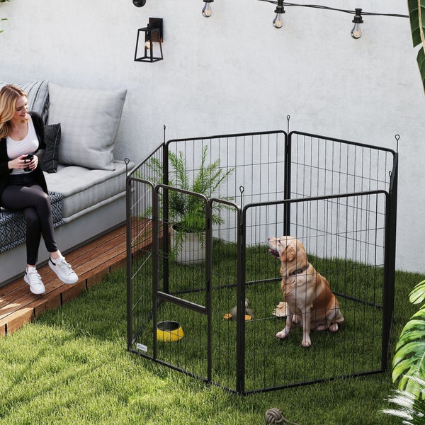 PawHut Welpenauslauf 100 cm Hoch, 6-TLG. Hundelaufstall DIY Welpenlaufstall mit Tür, Freilaufgehege für kleine, mittelgroße und große Hunde, Stahl, Schwarz