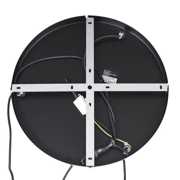 Innenansicht eines runden Deckenbaldachins für Pendelleuchten mit kreuzförmiger Montagehalterung aus Metall und verkabeltem Anschluss.