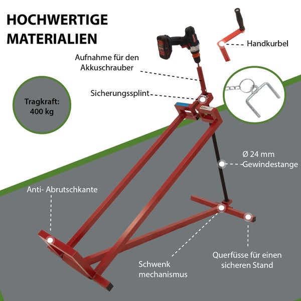 Trockenbau-Montagehilfe mit Aufnahme für Akkuschrauber, Sicherheitsverriegelung, Anti-Rutschkante, Schwenkmechanismus, Querträger für sicheren Stand, Gewindestange Durchmesser 24 mm, Handkurbel und einer Tragkraft von 400 Kilogramm