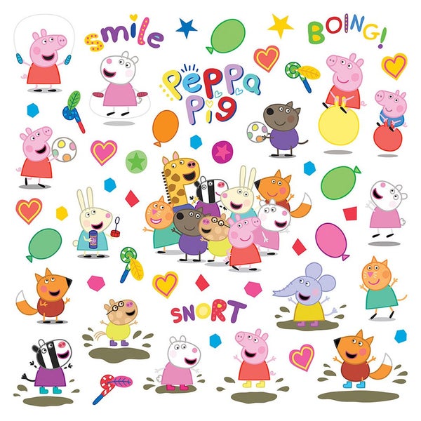 Wandsticker-Set Peppa Pig mit Charakteren, Luftballons, Herzen, Sternen, Peppa Pig Logo und Schriftzügen wie smile, boing und snort.
