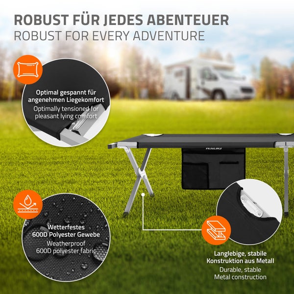Hauki Campingbett klappbar, Schwarz, 210x83x46 cm, XL Feldbett mit Tragetasche, Seitentasche, Metallrohr, Belastbarkeit bis 150kg, Gästebett tragbar, Outdoor, Campingliege stabil, Klappbett für Reisen