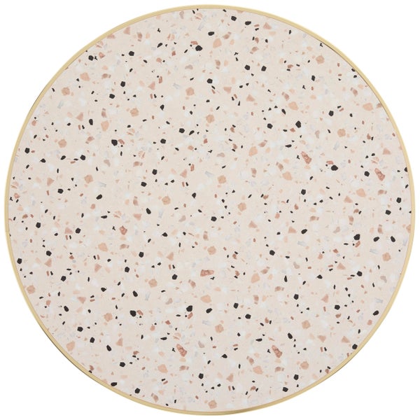 Runde Tischplatte mit Terrazzo-Muster und goldfarbenem Rand.