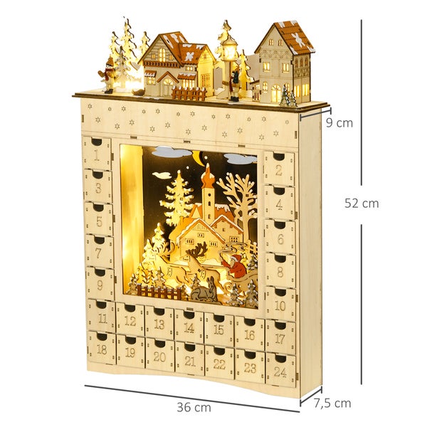 Beleuchteter Adventskalender aus Holz mit 24 Schubladen, Winterdorf-Motiv mit Häusern und Weihnachtsmann, Maße 52 x 36 x 9 Zentimeter.