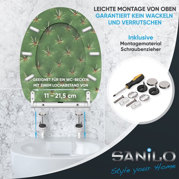 Sanilo Logo. Toilettendeckel mit Kaktusmuster in verschiedenen Ansichten: geschlossen, geöffnet, von oben und die Unterseite.