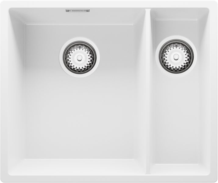 PRIMAGRAN Spülbecken Weiß 56x47cm, Granitspüle 1,5 Becken + Ablauf-Set, Küchenspüle ab 60er Unterschrank - London Slim Duo