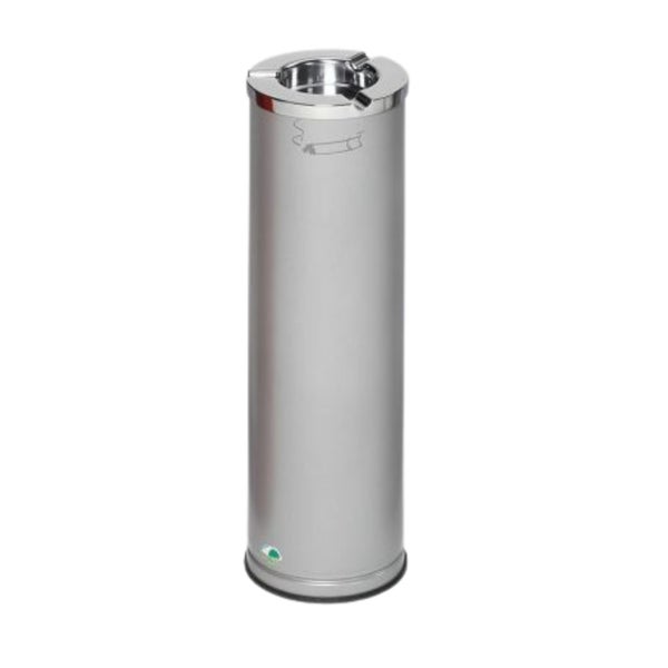 Zylindrischer Standascher aus Metall mit Zigarettensymbol.