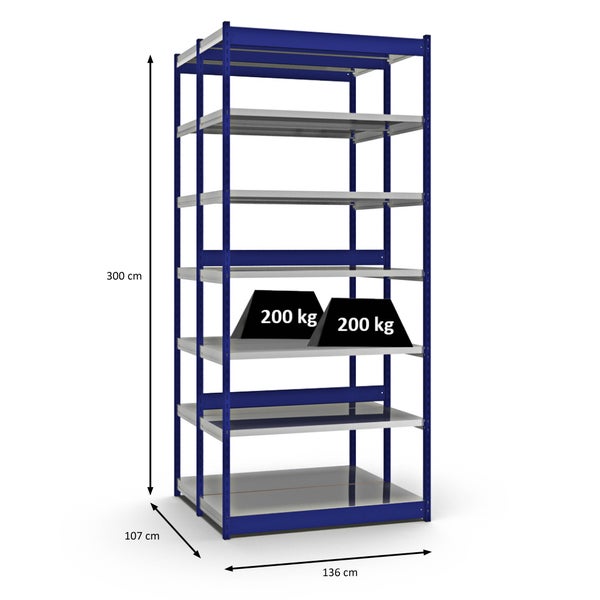 PROREGAL Fachbodenregal Stecksystem Vierkant-Profil Grundregal HxBxT 300 x 132,5 x 50 cm 2x7 Ebenen Doppelseitige Bauart Fachlast 200 kg Enzianblau