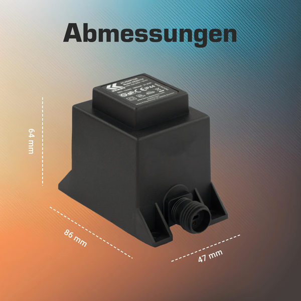 Abmessungen eines schwarzen Netzadapters: 86 Millimeter Länge, 47 Millimeter Breite und 64 Millimeter Höhe.