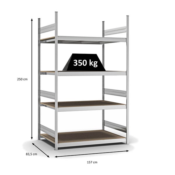 PROREGAL Weitspannregal Stecksystem T-Profil Grundregal HxBxT 250x150x80 cm 4 Ebenen Spanplatten Fachboden Fachlast 350 kg Verzinkt