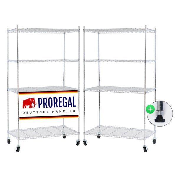 Proregal Logo. Zwei Metallregale mit vier Gitterböden auf Rollen und Detailansicht eines höhenverstellbaren Standfußes.