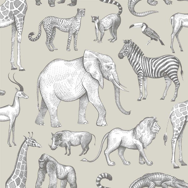 Tapete mit Tiermotiven: Elefant, Zebra, Löwe, Giraffe und mehr