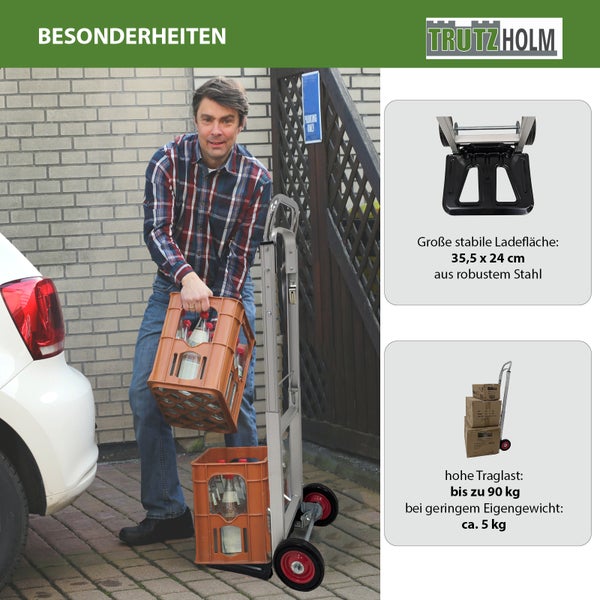 Mann nutzt eine klappbare Trutzholm Sackkarre aus Stahl mit 90 Kilogramm Traglast zum Transport von Getränkekisten.