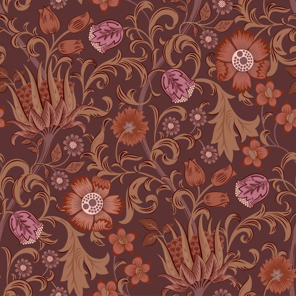 Tapete mit floralem Muster im Vintage-Stil mit verschlungenen Blüten und Ranken.