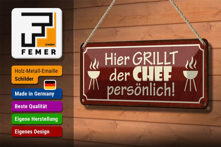 Blechschild Spruch 27x10cm hier grillt der Chef persönlich Dekoration