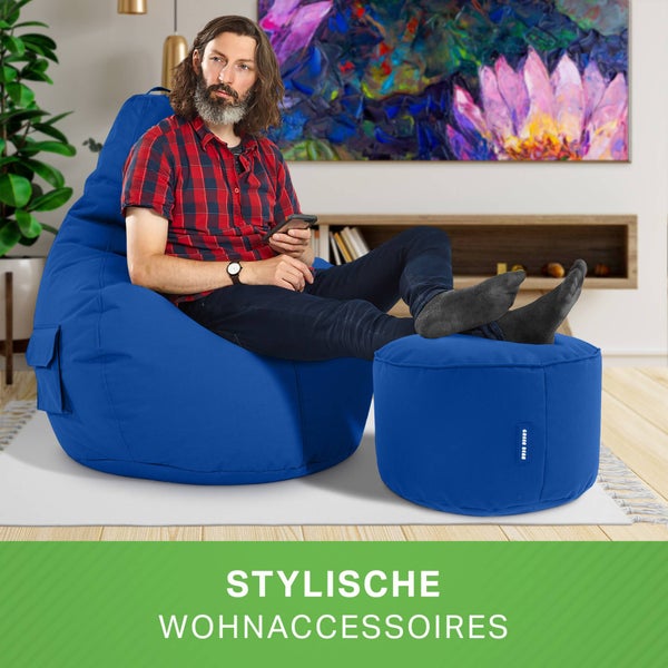 Green Bean 2er Set Sitzsack + Hocker - fertig befüllt - robust waschbar schmutzabweisend - Kinder & Erwachsene Bean Bag Bodenkissen Lounge Sitzhocker Relax-Sessel Gamer Gamingstuhl Pouf - Blau