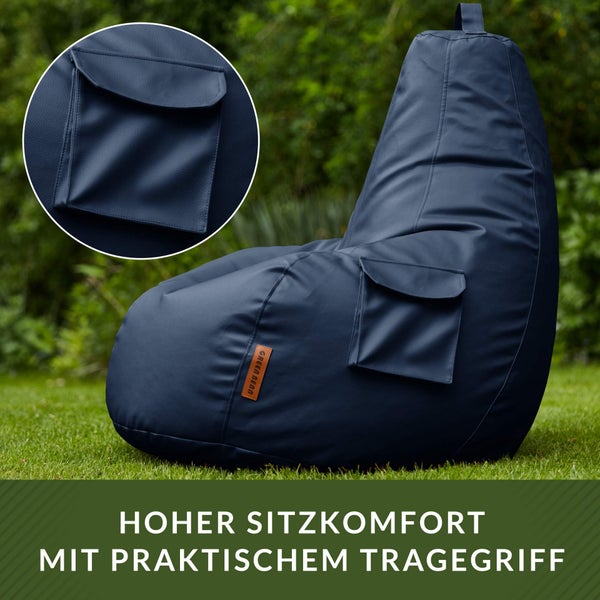 Green Bean Sitzsack aus Kunstleder mit EPS Perlen Füllung - 90 x 80 x 70 cm - Bean Bag Sitzkissen Sitzpuff Sitzsessel Bodenkissen Lounge Gaming Chair Rückenlehne - Dunkelblau