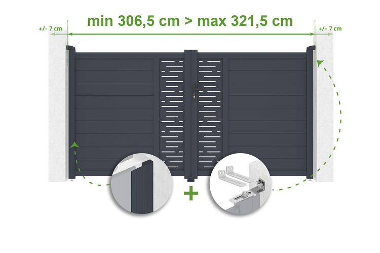 Doppelflügeltor aus Aluminium mit Größenangaben