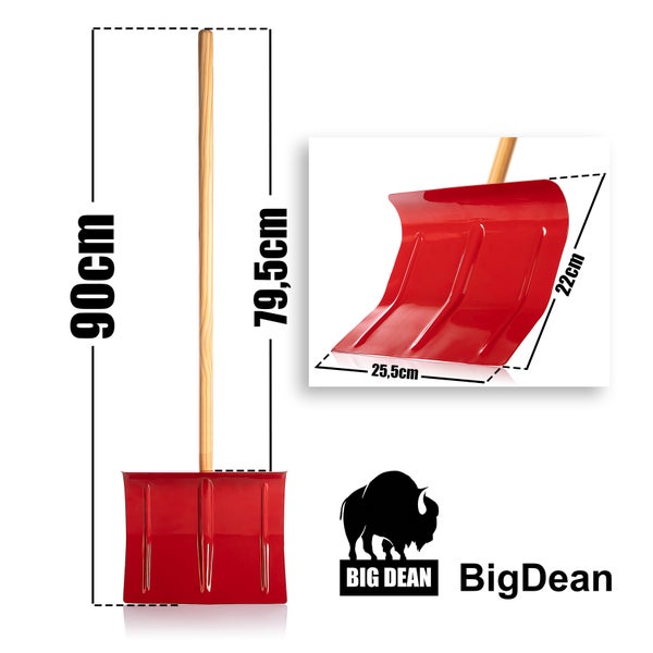 Rote Schneeschaufel mit Holzstiel und Maßangaben