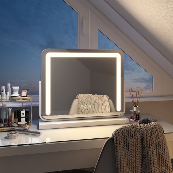 EMKE LED-Kosmetikspiegel 500x416mm, dimmbar mit 3 Lichtfarben, Touchschalter & Memory-Funktion, 360° drehbar, HD-Spiegelfläche, bohrfrei, Weiß