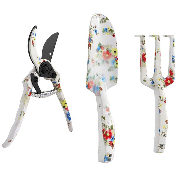 Gartengeräteset mit Gartenschere, Schaufel und Harke mit Blumenmuster