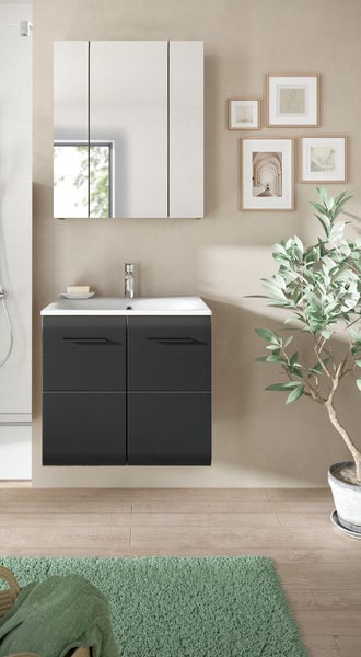 Modernes Badezimmer mit dunkelgrauem Waschtischunterschrank, weißem Waschbecken, dreitürigem Spiegelschrank, hellem Holzboden und grünem Teppich.