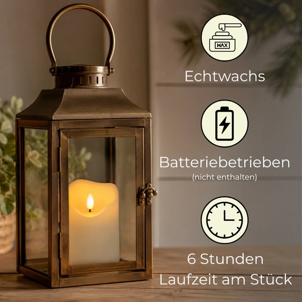 Laterne aus Metall mit LED-Kerze aus Echtwachs, batteriebetrieben, 6 Stunden Laufzeit am Stück.