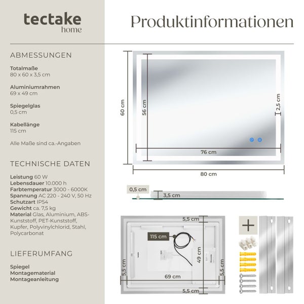Produktinformationen zu einem Spiegel mit Aluminiumrahmen, inklusive Maße, technische Daten und Lieferumfang.