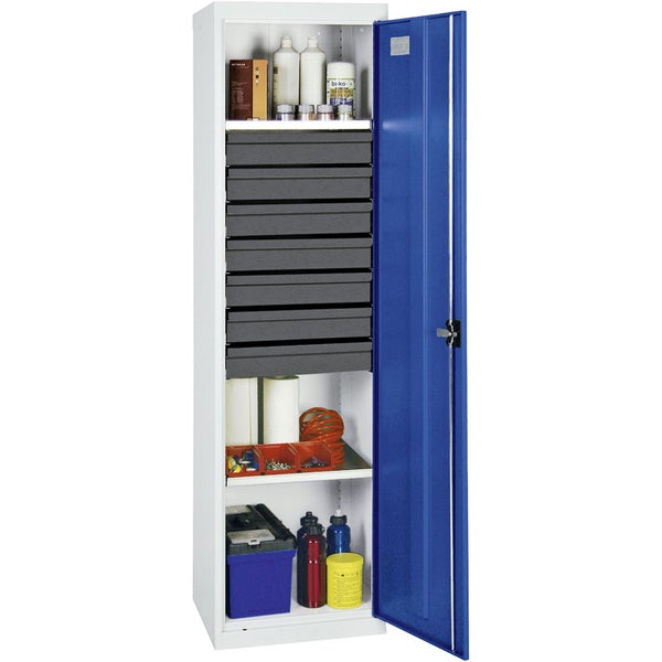 Werkbank aus Metall in Lichtgrau und Anthrazit mit acht Schubladen, einem Schrankfach und einer Holzplatte.