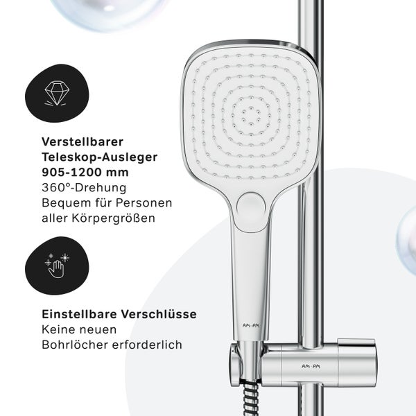Duschsystem mit quadratischem Duschkopf und verstellbarem Teleskopausleger von 905 bis 1200 Millimeter für einfache Montage ohne neue Bohrlöcher.