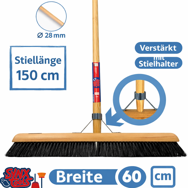Besen mit Holzstiel, Breite 60 Zentimeter, Länge 150 Zentimeter, Durchmesser 28 Millimeter, mit Stielhalter. Synx Tools Logo.