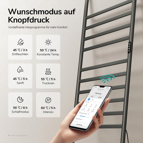 Smart gesteuerter Handtuchheizkörper mit App Bedienung und sechs vordefinierten Heizprogrammen für verschiedene Nutzungsmodi.