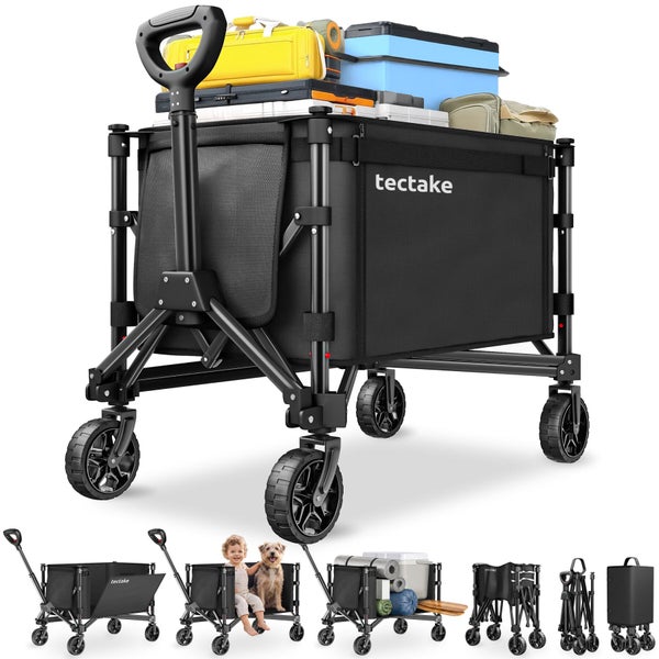 Zusammenfaltbarer Bollerwagen von tectake mit Profilrädern, Teleskopgriff, tectake Logo sowie Ansichten zum Klappmechanismus und zur Nutzung.