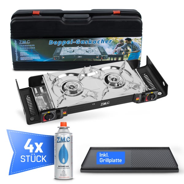Z.M.C. Doppel-Gaskocher mit zwei Flammen, schwarzem Transportkoffer, Grillplatte und vier Gaskartuschen.