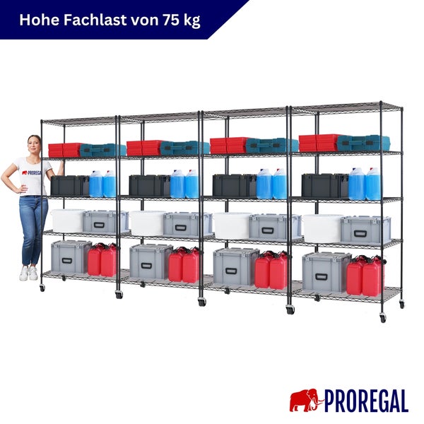 Drahtregal mit vier Sektionen auf Rollen, beladen mit Boxen und Kanistern, 75 Kilogramm Fachlast, Proregal Logo.