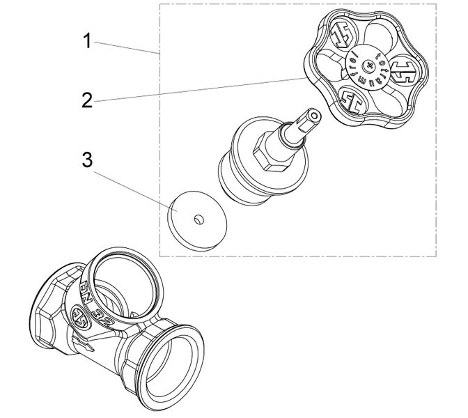 Technische Zeichnung eines Ventils mit Handrad, Oberteil und Dichtung.