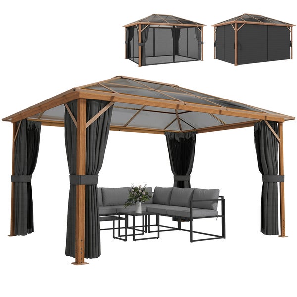 Gartenpavillon in Holzoptik mit Hardtop-Dach, grauen Vorhängen, Moskitonetz und einer Lounge-Sitzgruppe.