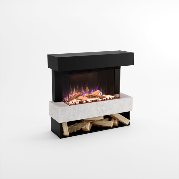 Glow Fire Elektrokamin 'PR5' | LED Standkamin in Schwarz/ Beton mit Heizung (1500 W) | HxBxT: 111x102x35 cm