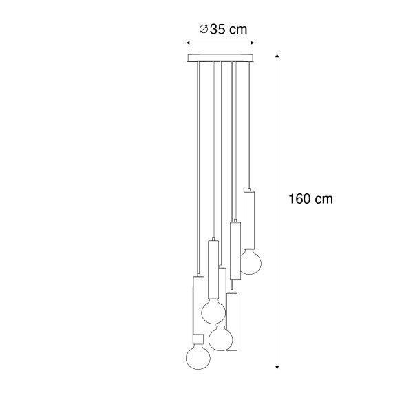 Zeichnung einer Pendelleuchte mit fünf Leuchten, Durchmesser 35 cm, Höhe 160 cm