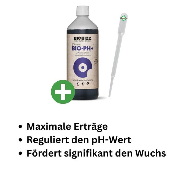 BioBizz pH+ PLUS 250 ml – 100 % Biologischer pH-Wert-Anheber für gesundes Pflanzenwachstum & maximale Erträge – Inkl. Pipette & Messbecher