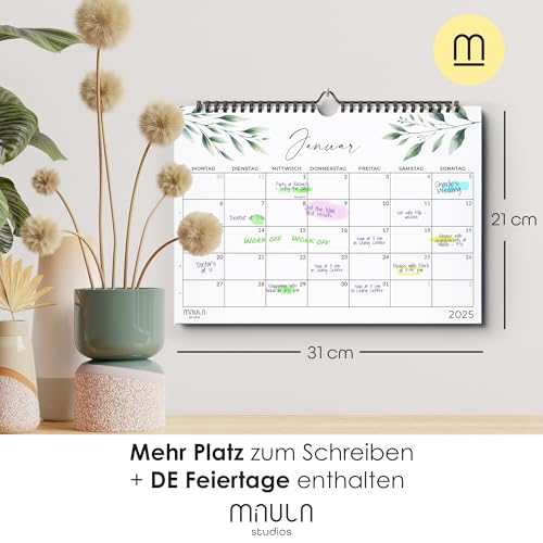Kalender 2025 Wandkalender 2025 - Familienplaner Januar bis Dezember 2025 - Großer Monatskalender 2025 - Familienkalender 2025 mit Jahreskalender Planung - WC004_Greenery_25_D