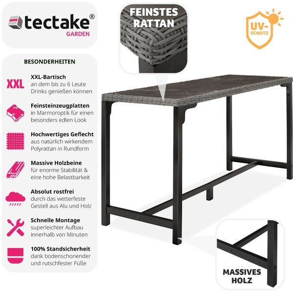 Rattan Tisch tectake Lovas 161 x 64,5 x 99,5 cm mit Aluminium- und Holzgestell grau